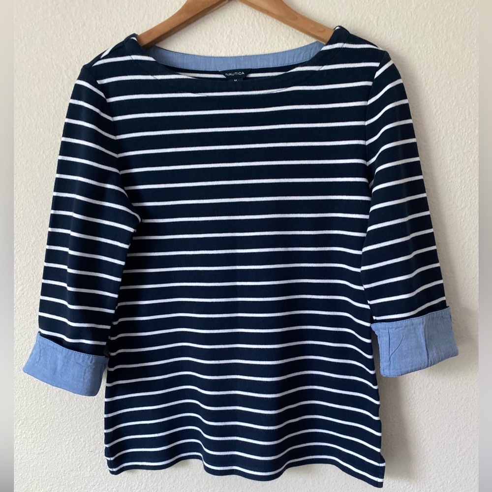 Nautica Women’s Navy & White Striped 3/4 Sleeve Nautical Shirt Size Medium